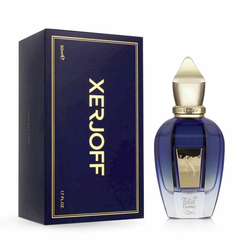 Dunkelblaue Parfumflasche und Schachtel. Goldfarbene Schriftzüge: XERJOFF, 50ml, 1.7 FL.OZ. Auf der Flasche: Fatal Charme.
