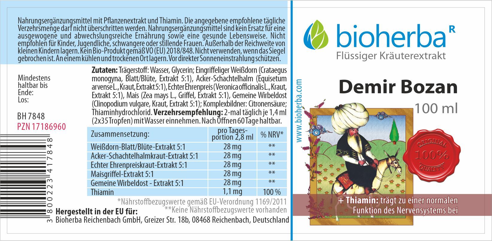 Braune Glasflasche mit Etikett. Etikett mit Produktname, Logo, Inhaltsangaben und rotem Siegel. Text in Deutsch.