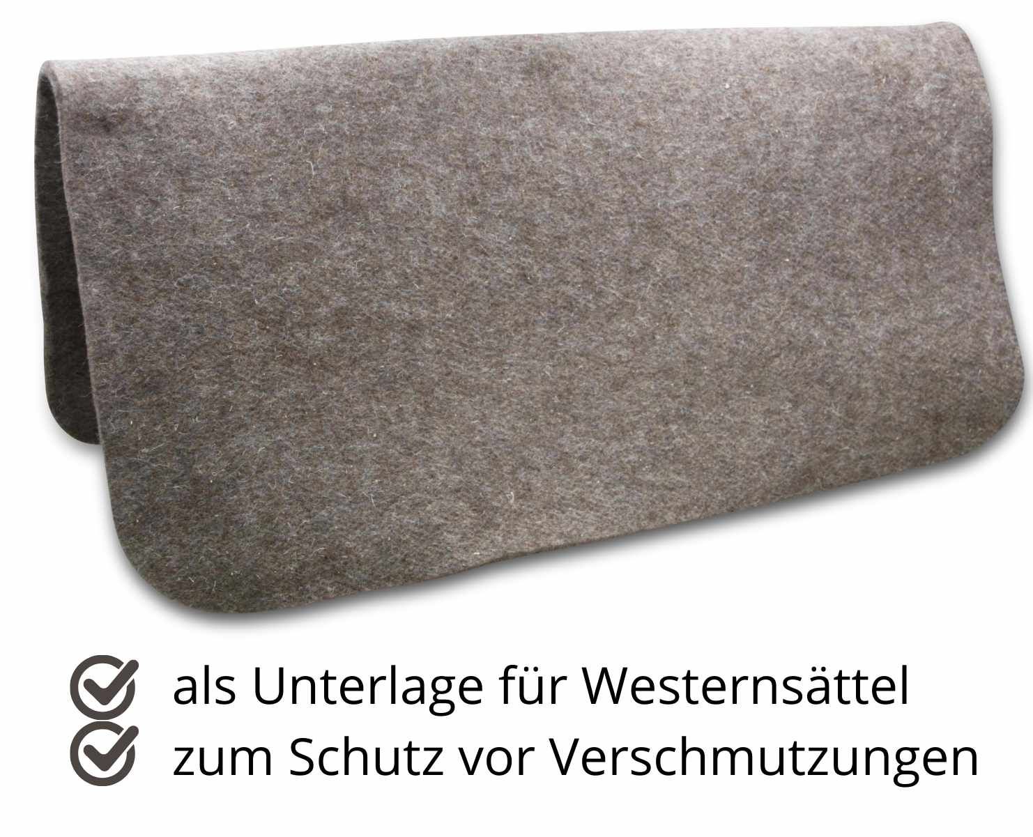 Grauer Filzliner. Text: „als Unterlage für Westernsättel“ und „zum Schutz vor Verschmutzungen“.