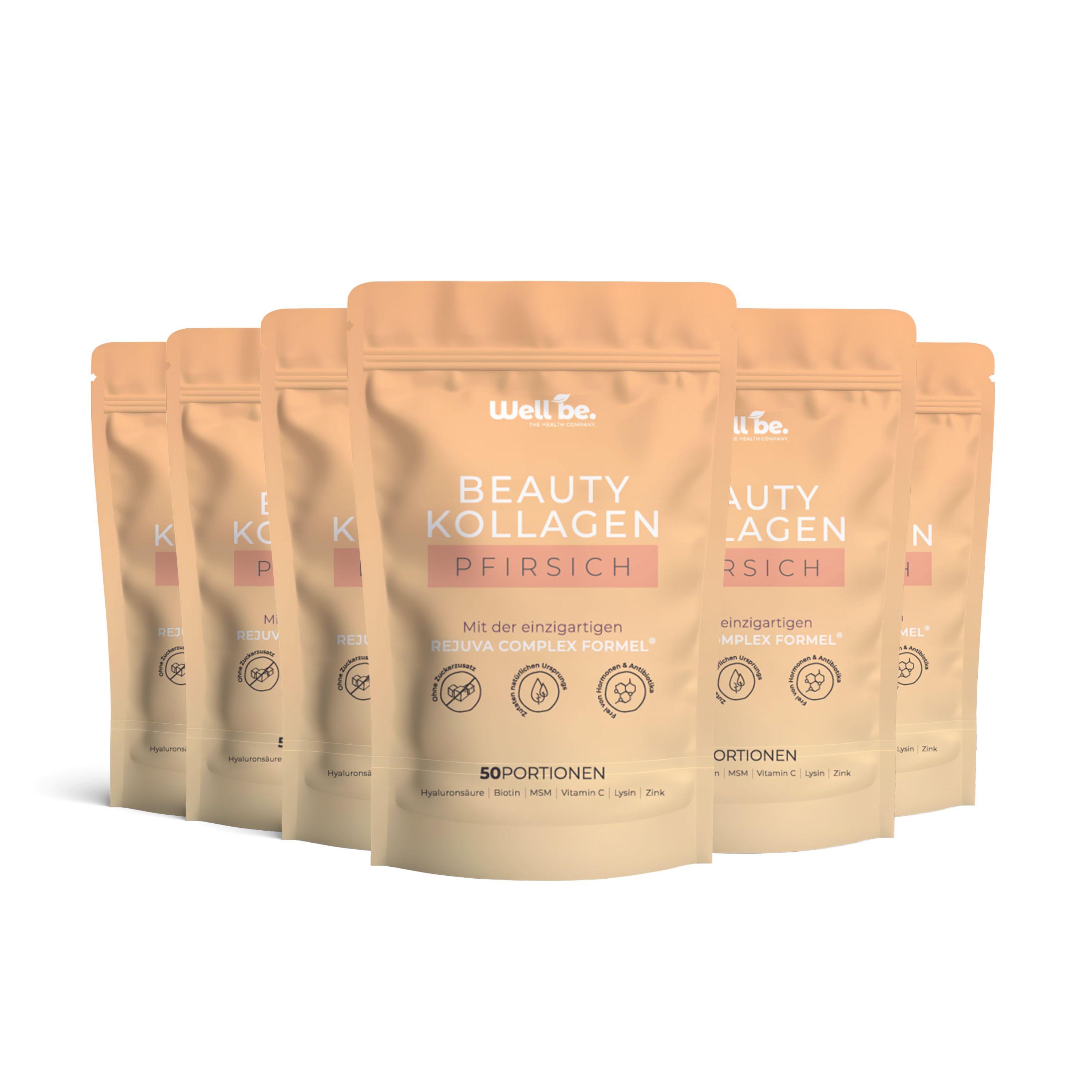 Mehrere Packungen Well. Be. Beauty Kollagen Pfirsich mit Rejuva Complex® Formel.