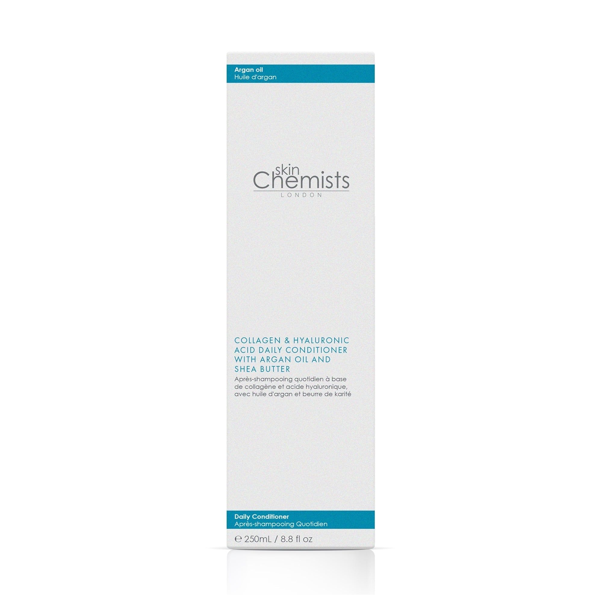 SkinChemists Collagen & Hyaluronsäure Daily Conditioner in weißer Verpackung. Text: Arganöl und Sheabutter. 250ml.