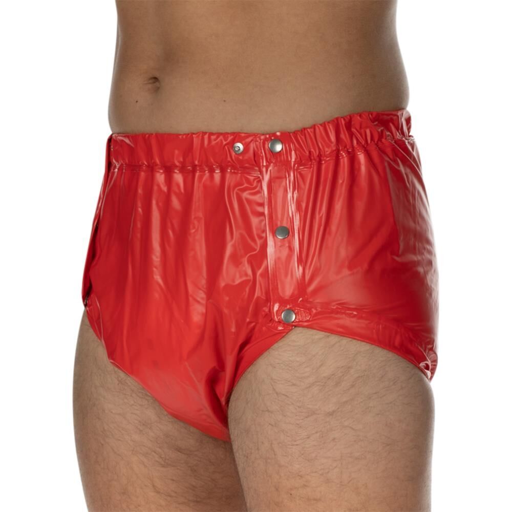 Rote Inkontinenzhose aus PVC mit seitlichen Druckknöpfen. Elastischer Bund. Mittlere bis schwere Inkontinenz.