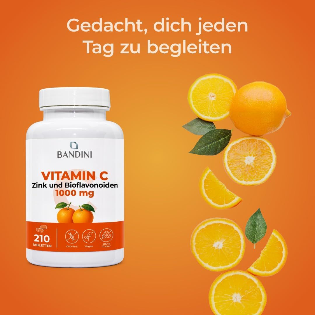 Bandini Vitamin C, Zinc, and Bioflavonoids 1000 mg, 210 tablets. Bottle with oranges and leaves.