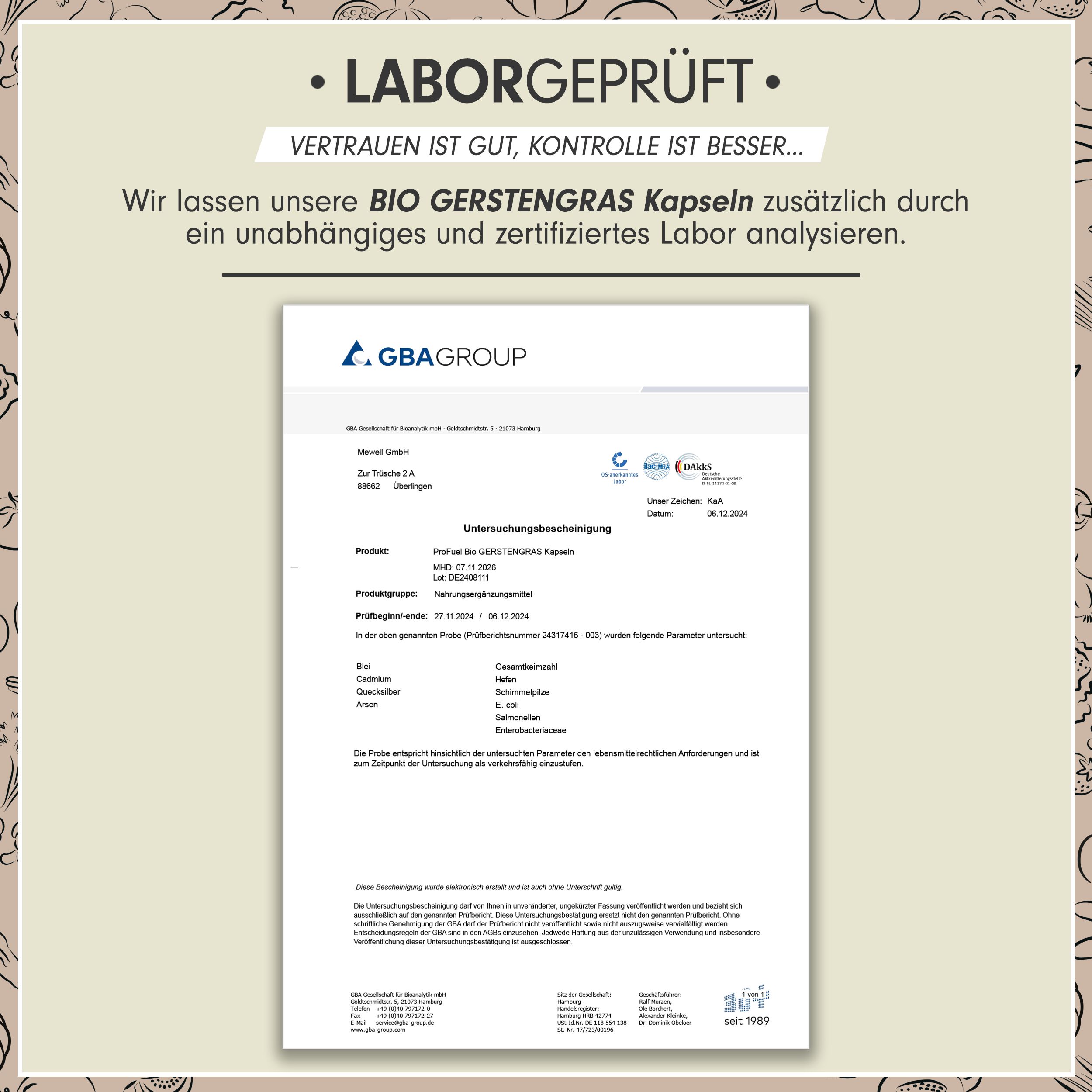 Laborbericht für Bio Gerstengras Kapseln. Dokument mit Informationen zu Produkt, Chargennummer, Analyseergebnissen und Zertifizierung.
