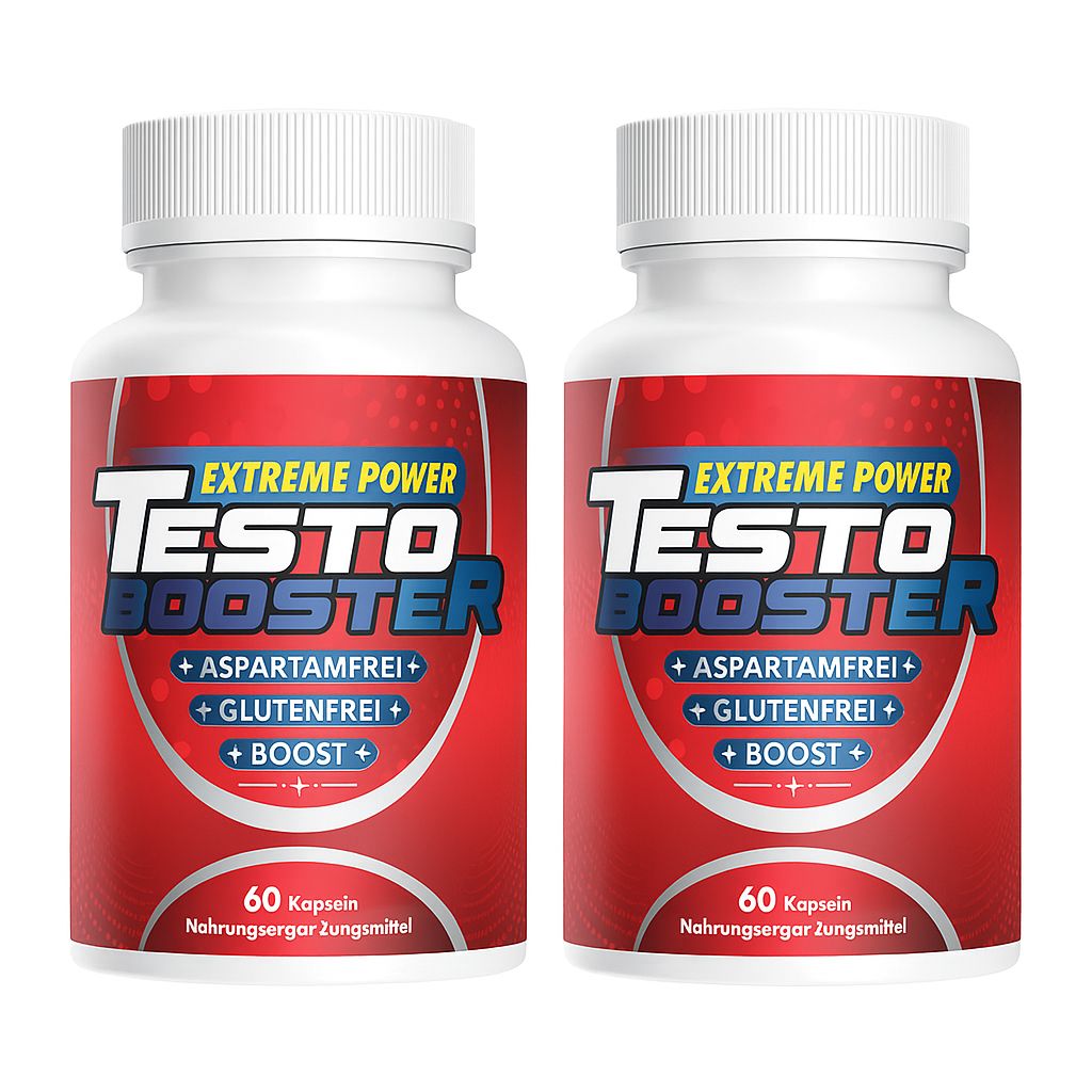 Zwei weiße Flaschen mit rotem Etikett. Aufschrift: Testo Booster, Extreme Power. Enthält 60 Kapseln. Frei von Aspartam und Gluten.