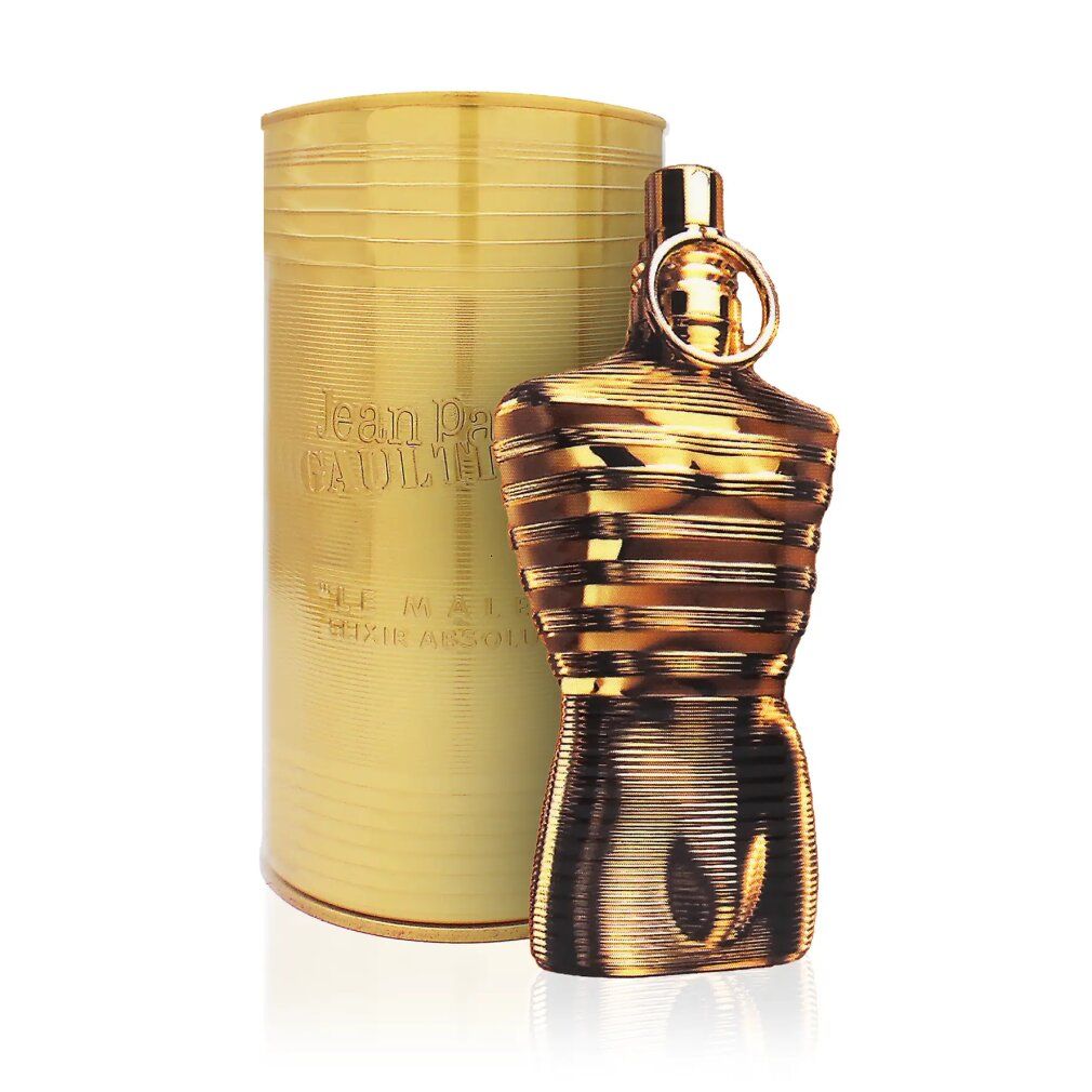Goldfarbener Flakon in Torsoform und zylindrische Verpackung. Aufschrift: Jean Paul Gaultier, Le Male Elixir Absolu.