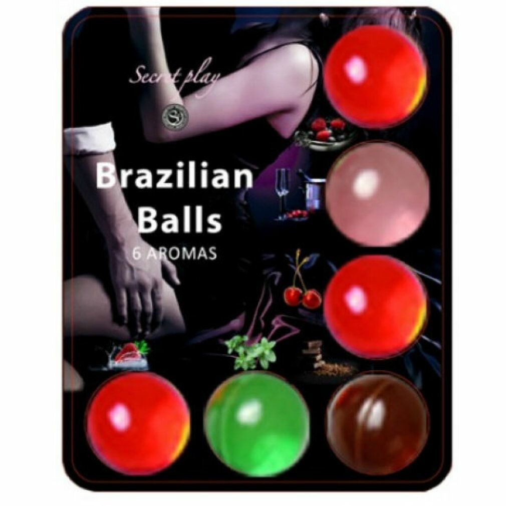 Verpackung mit 6 aromatisierten brasilianischen Kugeln in verschiedenen Farben: rot, rosa, grün und braun.
