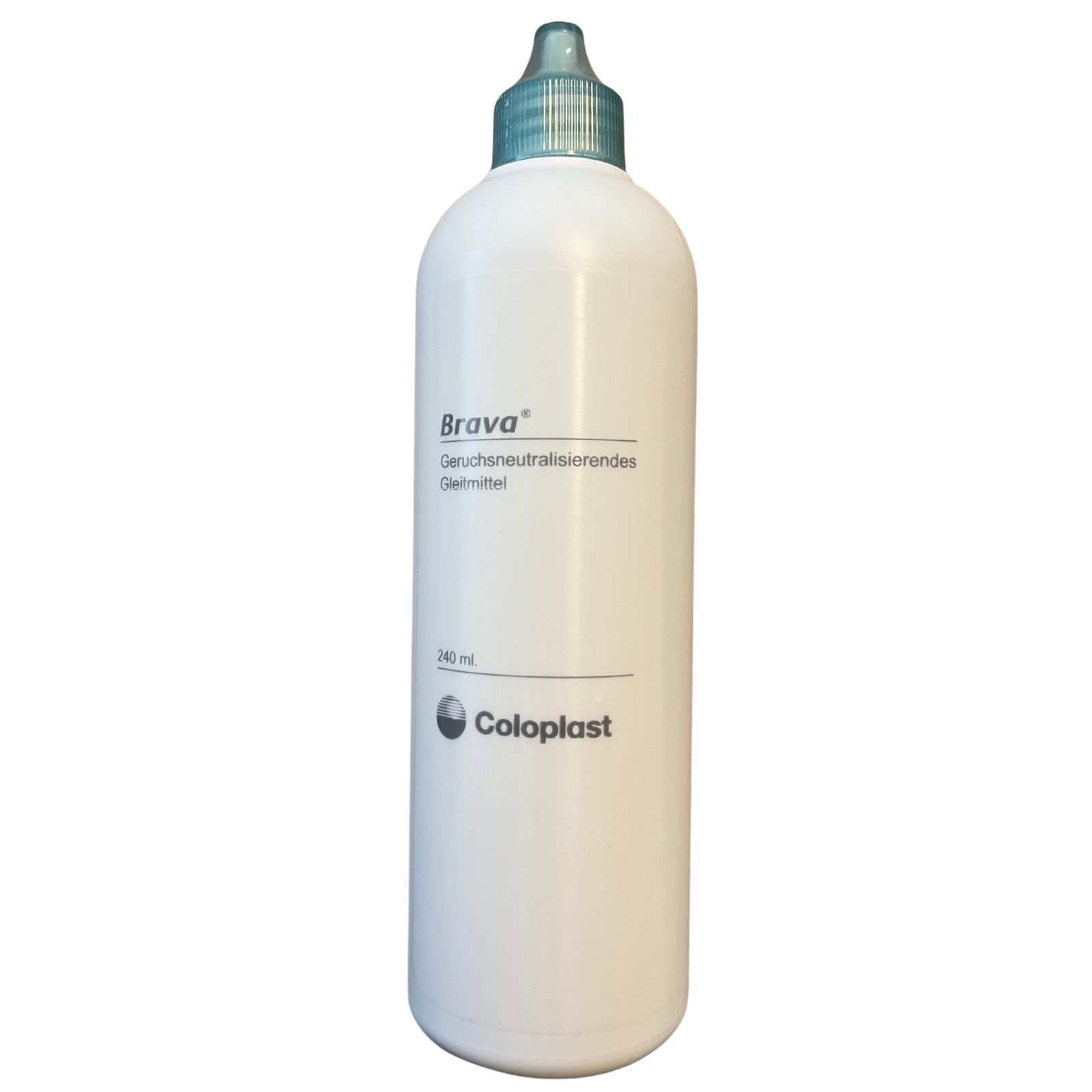 Brava Geruchsneutralisierendes Gleitmittel, weiße Flasche mit blauem Verschluss. Coloplast-Logo. 240 ml.