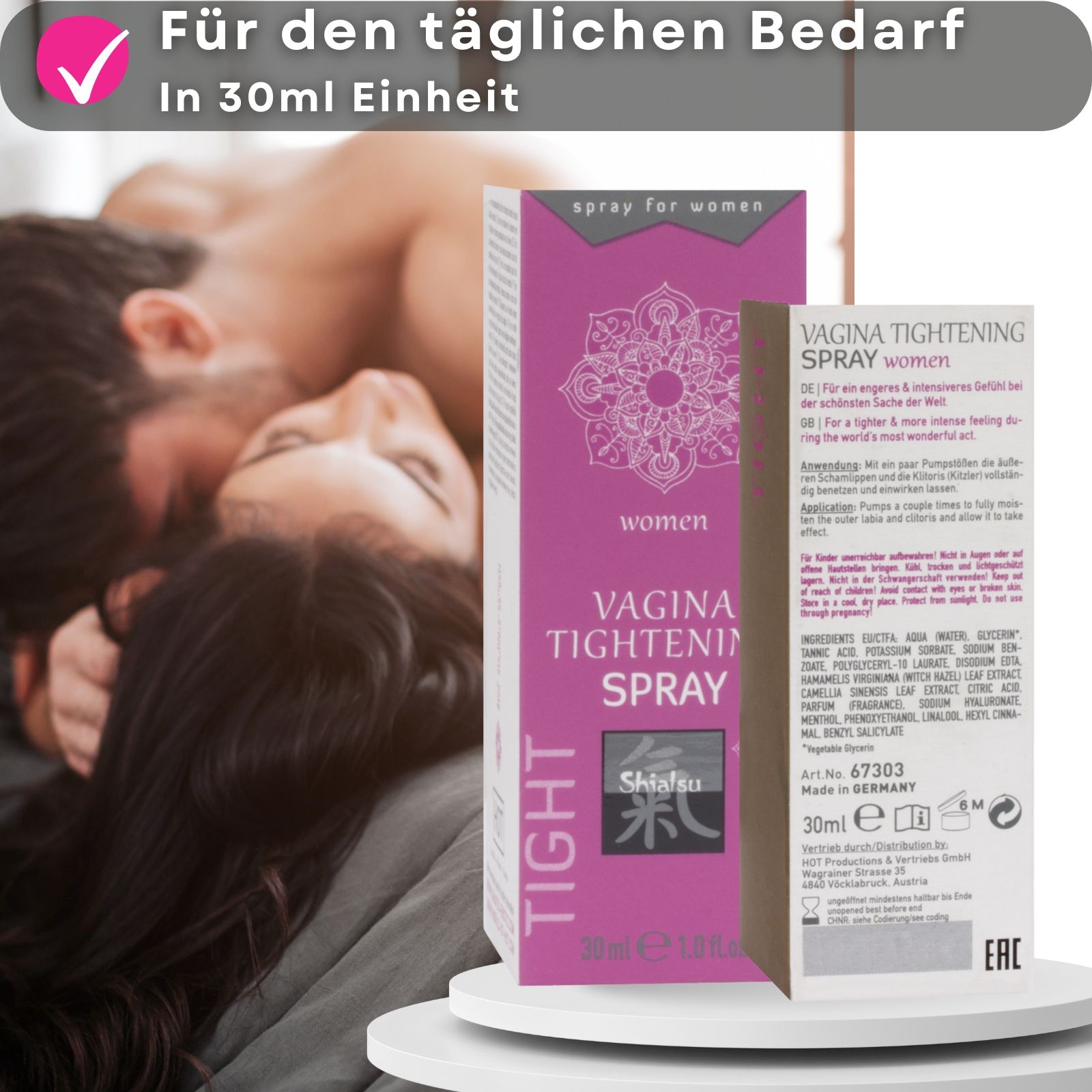 Verpackung und Sprühflasche. Text: Vagina Tightening Spray. 30ml. Mit Paar.