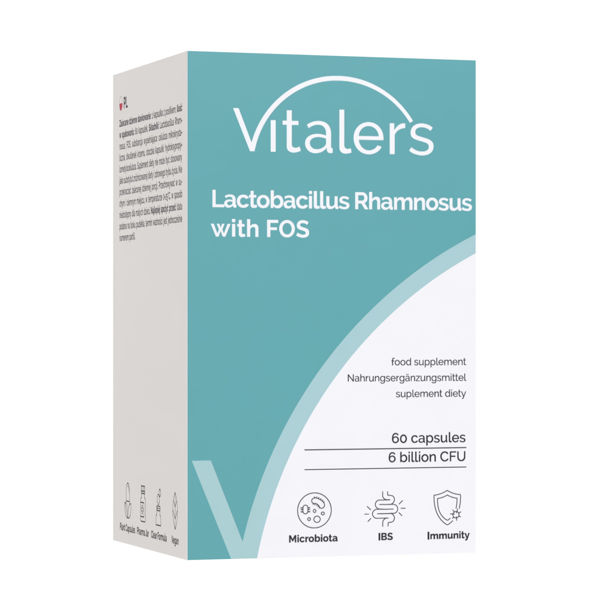 Vitaler's Lactobacillus Rhamnosus mit FOS: Kartonverpackung mit Produktinformationen und Symbolen.