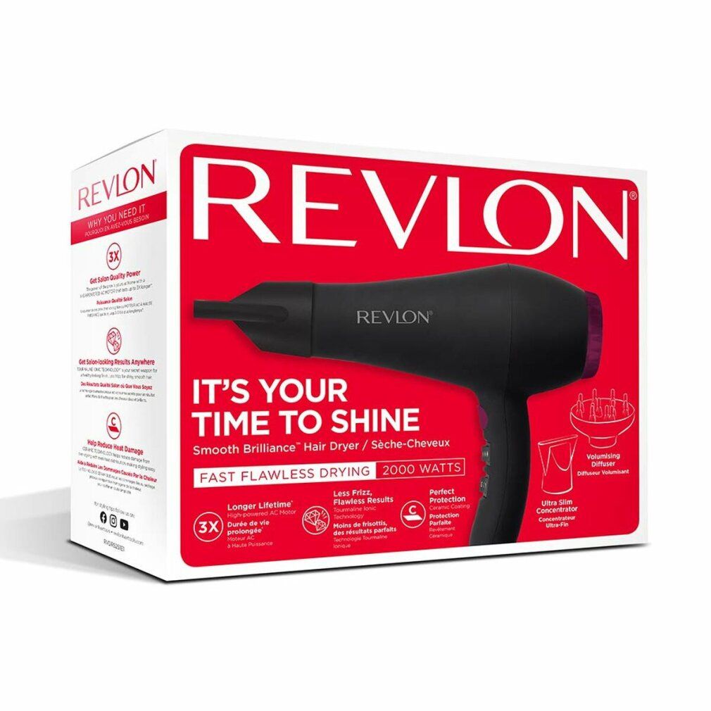 Verpackung des Revlon Haartrockners. Produktname und Marke deutlich sichtbar. Text: It's your time to shine.