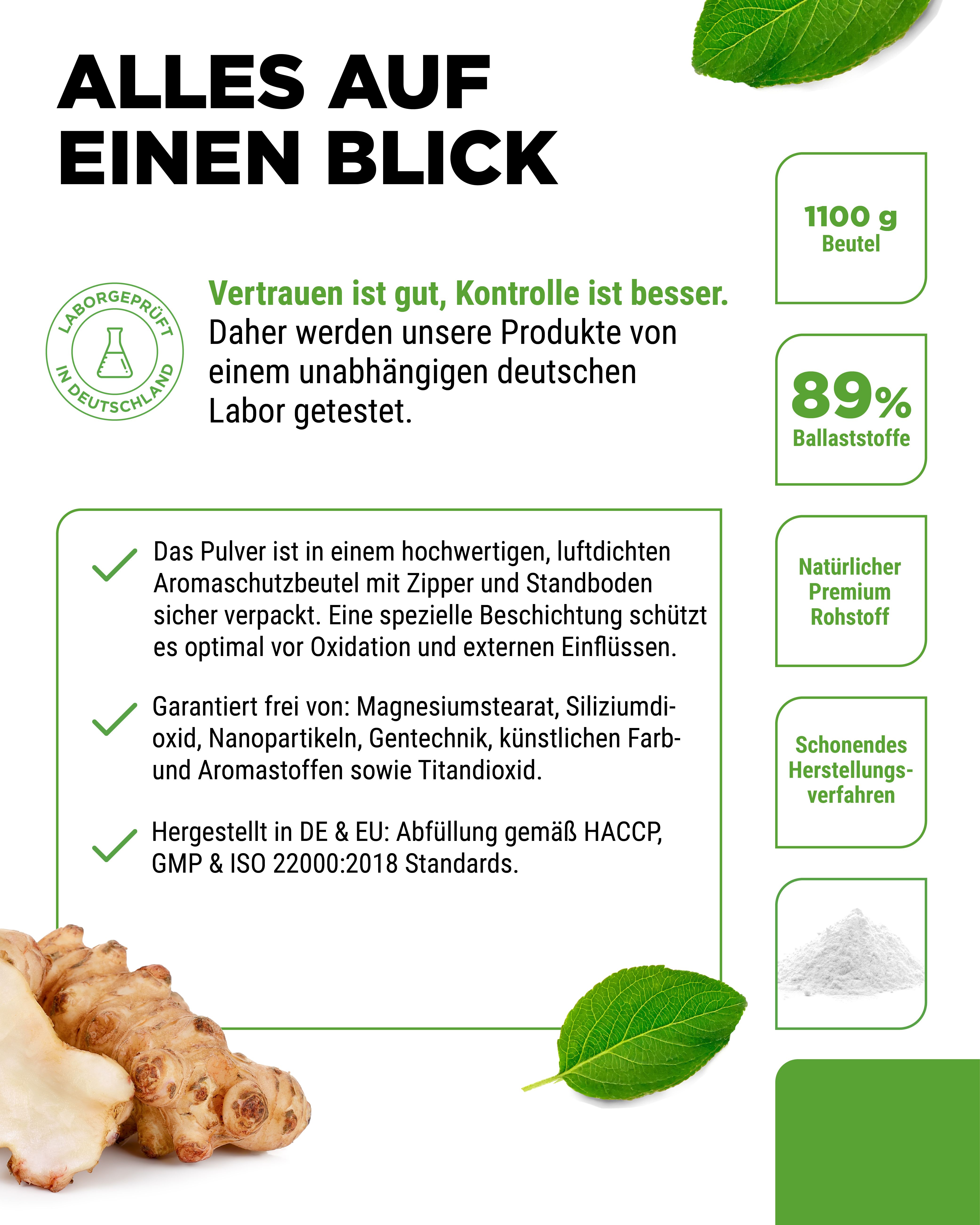 Beutel Präbio Inulin, 1100g. Verpackung mit Logo und Produktbezeichnung. Illustration von Chicoréewurzeln. Details zur Herstellung.