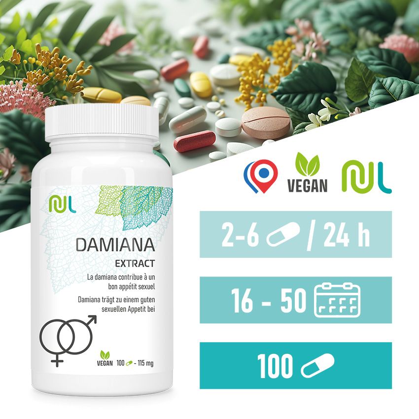 Weiße Flasche mit Kapseln. Aufschrift: DAMIANA EXTRACT. Vegan-Logo. Text in Deutsch und Französisch. Logo mit Frau und Mann. Dosierungsangaben.