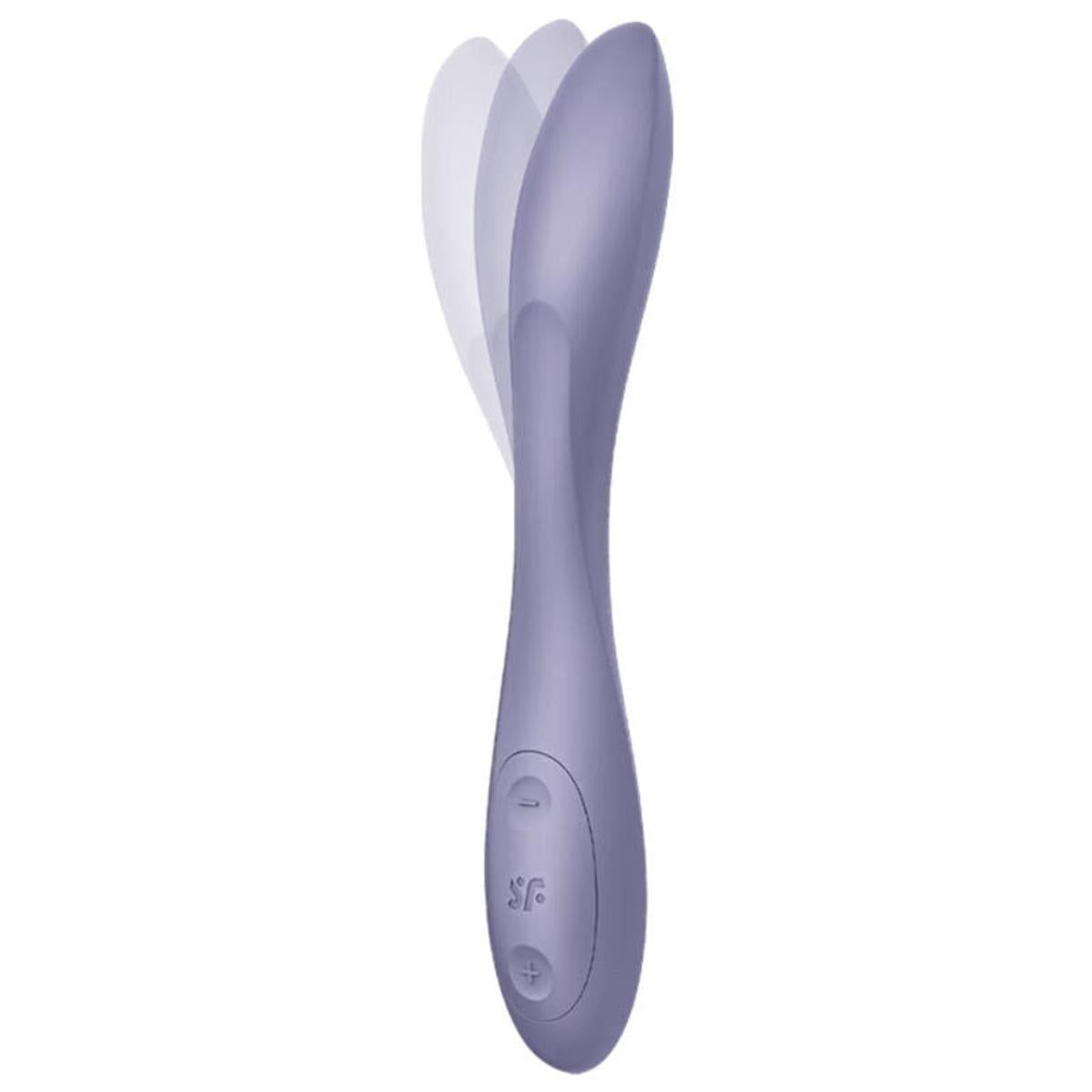 Lila Vibrator mit Bedienfeld. Abgerundete Form. Auf dem Gerät sind Tasten und ein Symbol abgebildet. Bewegungseffekt.