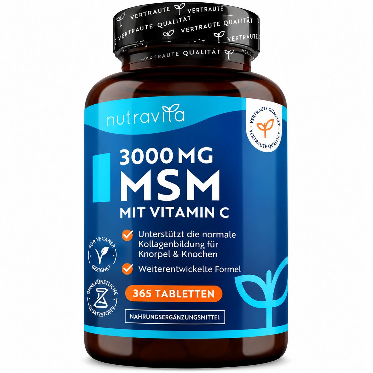 Nutravita Gelenk-Komplex mit 11 Inhaltsstoffen, darunter Glucosamin, Chondroitin, MSM, Vitamin C und Mangan. 180 Tabletten.