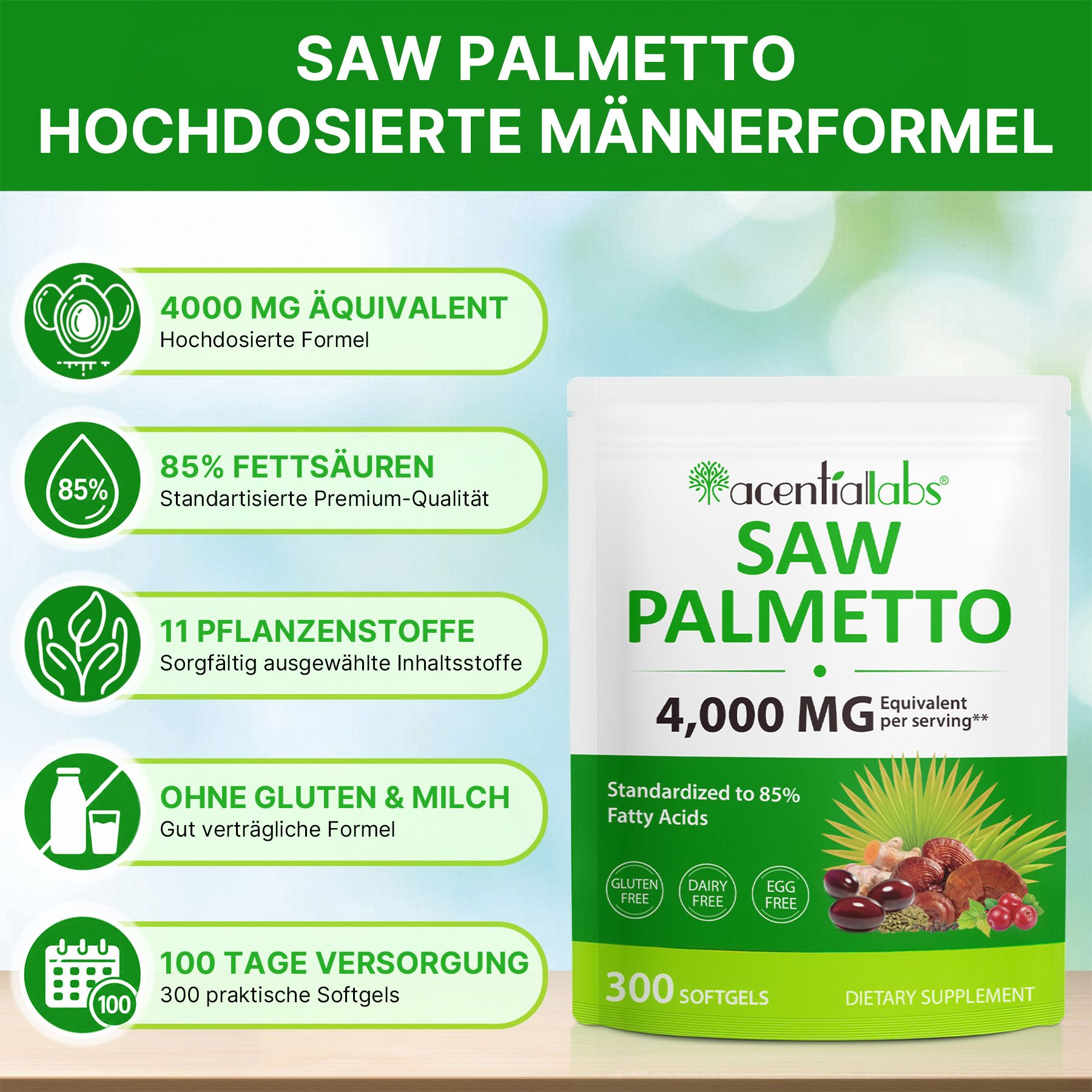 Acentiallabs Saw Palmetto Extrakt Sägepalmenextrakt Kürbiskernöl Hochdosiert Softgels