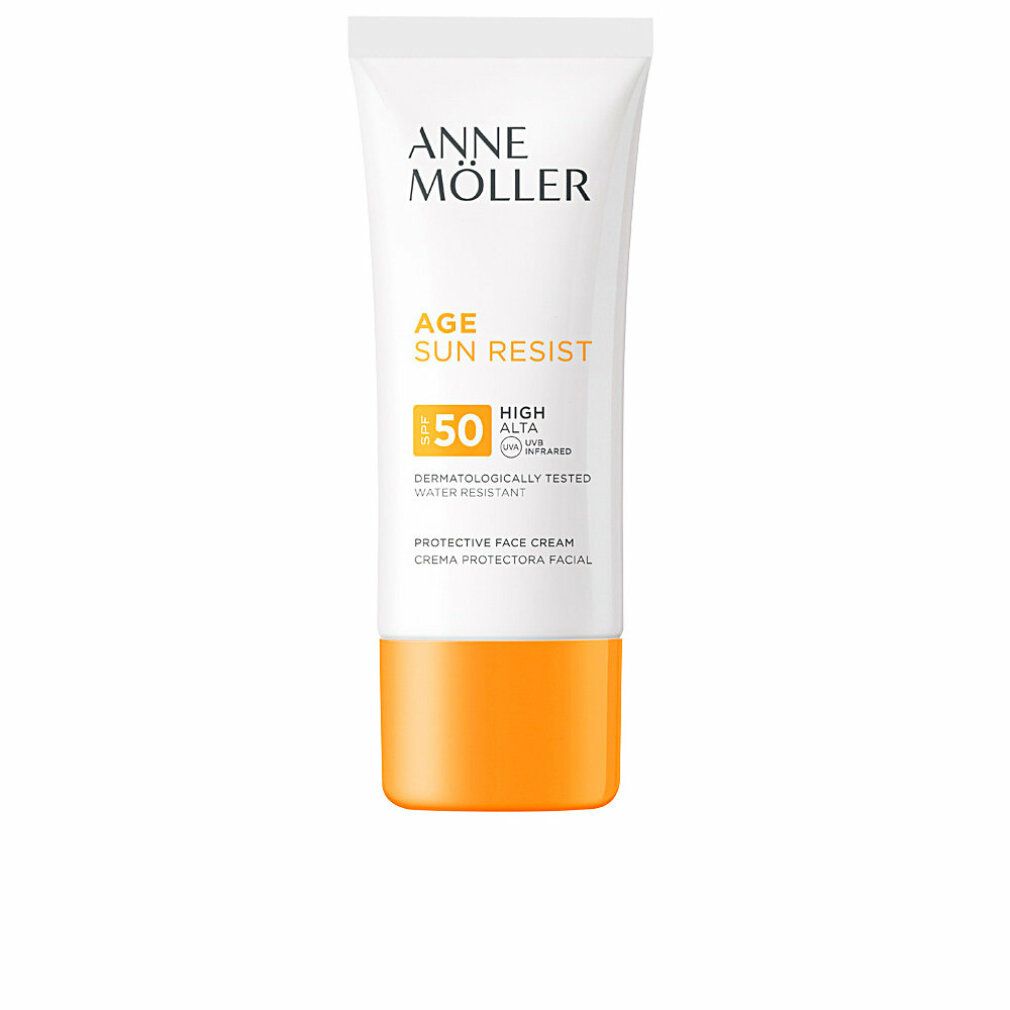 Weiße Tube mit gelbem Boden. Aufschrift: ANNE MÖLLER, AGE SUN RESIST SPF50. Dermatologisch getestet. Sonnenschutzcreme.