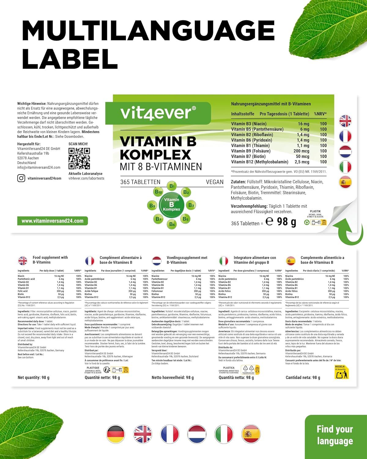 Vit4ever Vitamin B Komplex: Mehrsprachige Etiketten mit Länderflaggen.