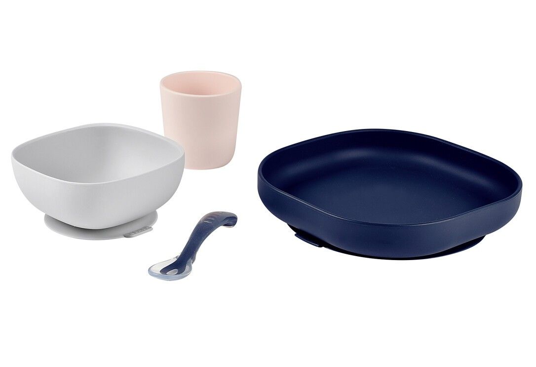Vierteiliges BEABA-Geschirr-Set. Teller, Schüssel, Becher und Löffel. Blau, weiß und rosa. Löffel mit Silikonspitze.
