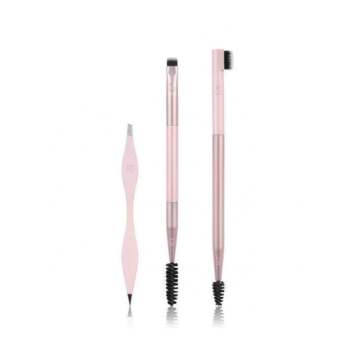 Set für Augenbrauen. Enthält eine Pinzette, einen Pinsel mit zwei Enden und einen Pinsel mit Bürste. Rosa Griffe, schwarze Borsten.