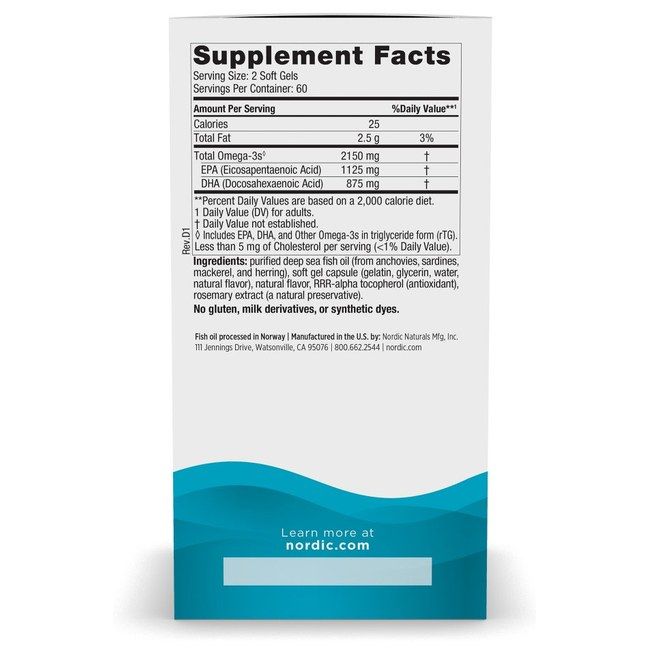 Nordic Naturals Ultimate Omega 2X, Rückseite der Verpackung. Enthält Nährwertangaben und Inhaltsstoffe.