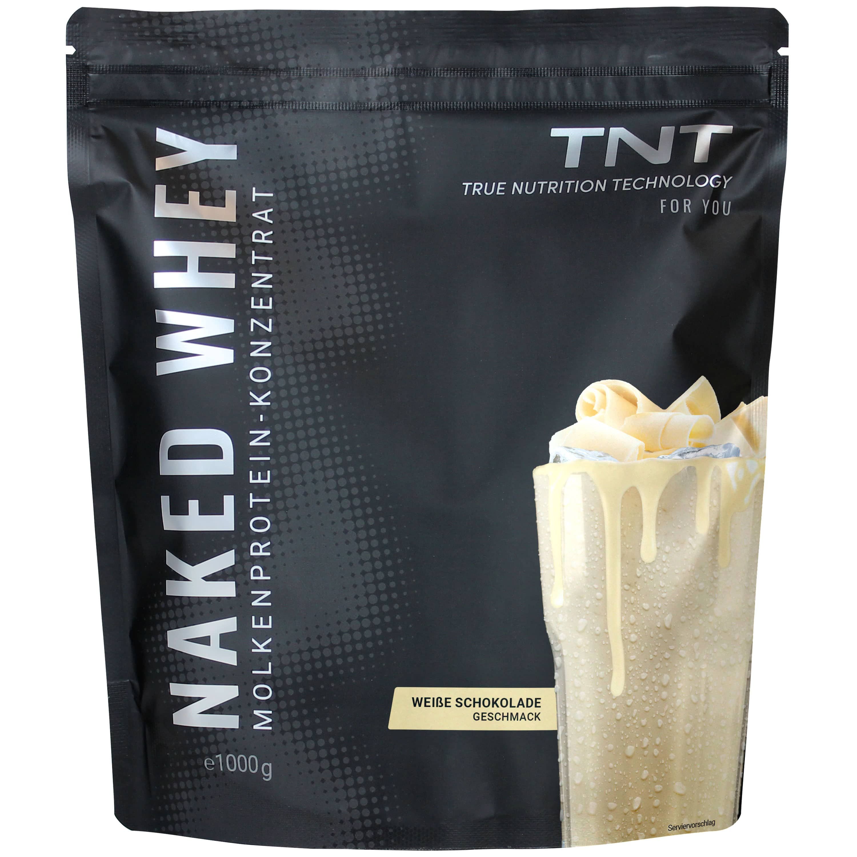Schwarze Verpackung von TNT Naked Whey. Aufschrift: Naked Whey Molkenproteinkonzentrat, weiße Schokolade Geschmack. Abbildung eines Shakes.