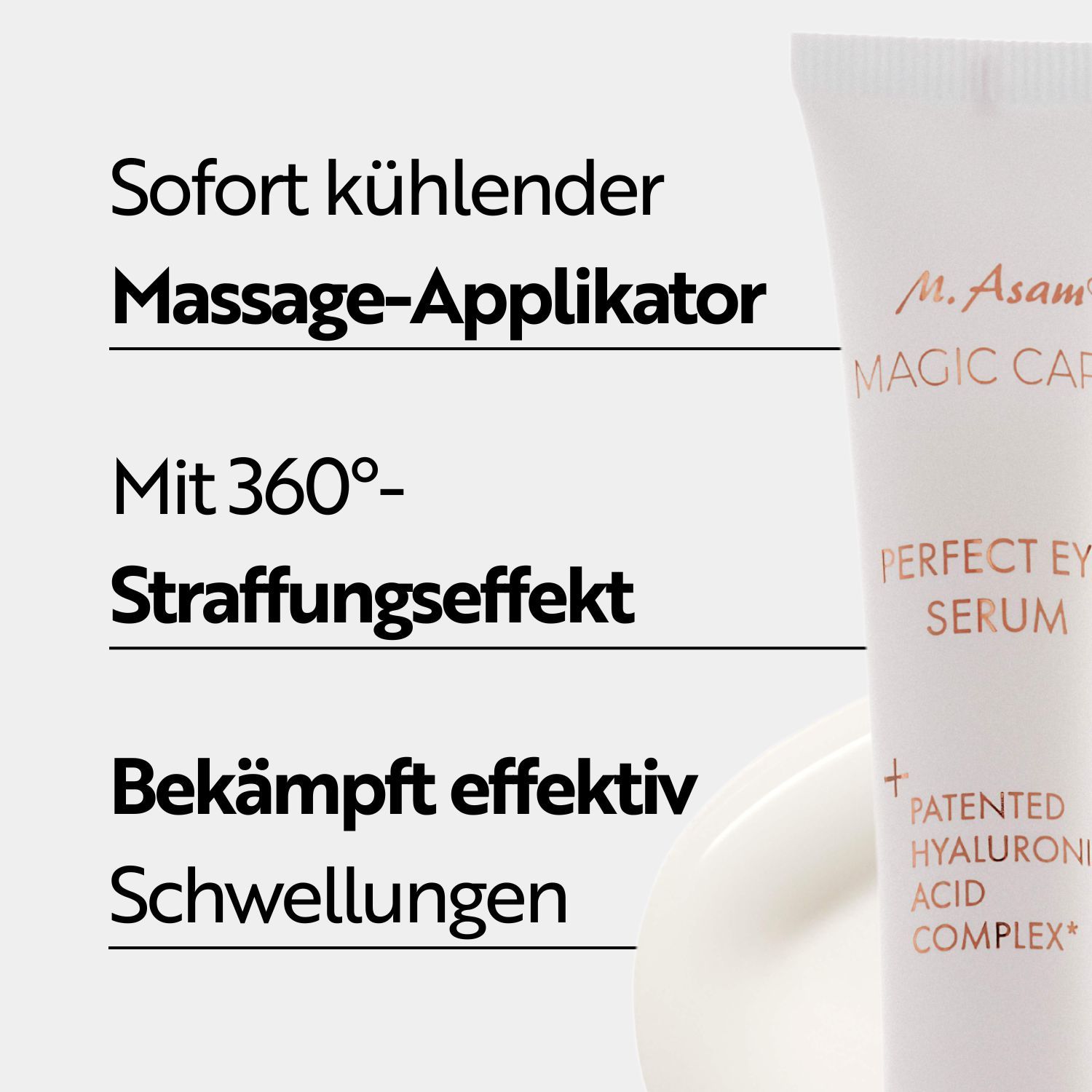 Text: Sofort kühlender Massage-Applikator, Mit 360°-Straffungseffekt, Bekämpft effektiv Schwellungen. Produktabbildung.