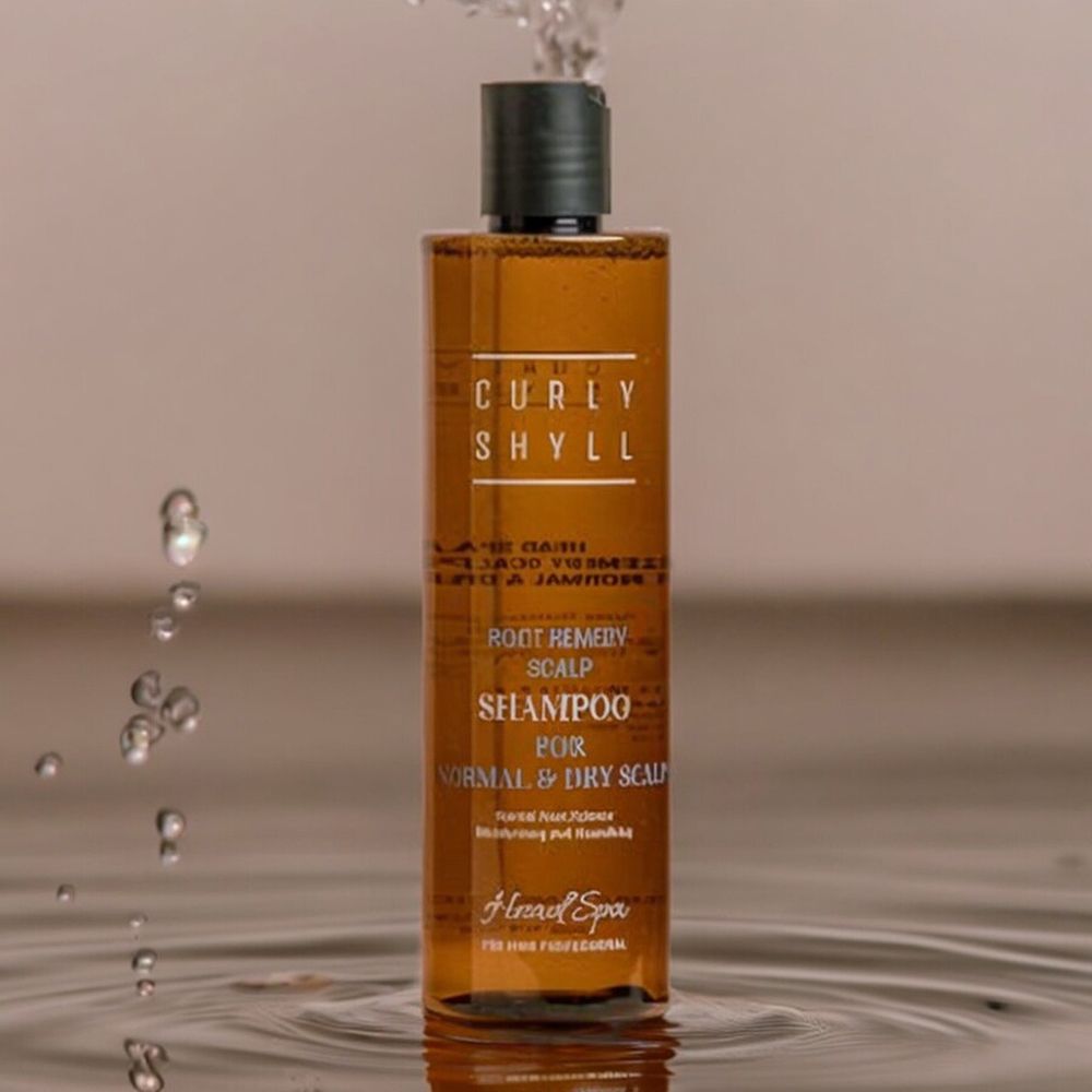 Braune Shampoo-Flasche mit schwarzem Deckel. Aufschrift: CURLY SHYLL, Root Remedy Scalp Shampoo, für normale und trockene Kopfhaut. Wasser spritzt.