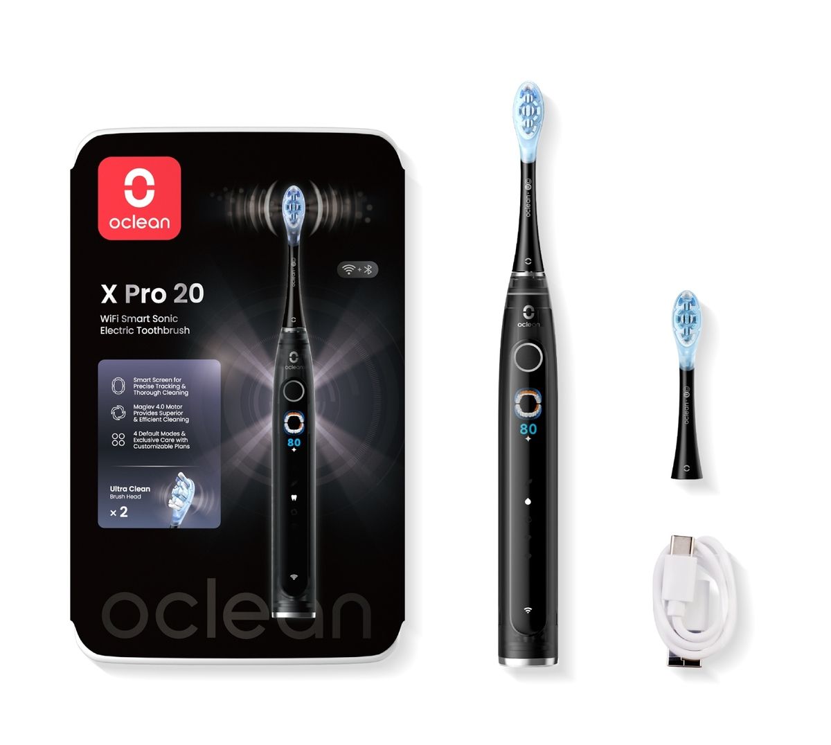 Verpackung und Zubehör einer elektrischen Zahnbürste. Schwarze Zahnbürste, Ersatzkopf, Ladekabel. Oclean X Pro 20.