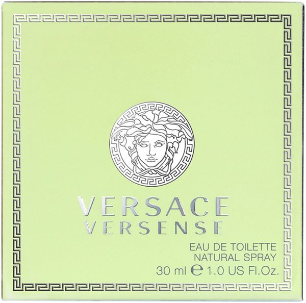 Versace Versense Eau de Toilette Spray. Verpackung in Grün mit Logo und Produktinformationen.