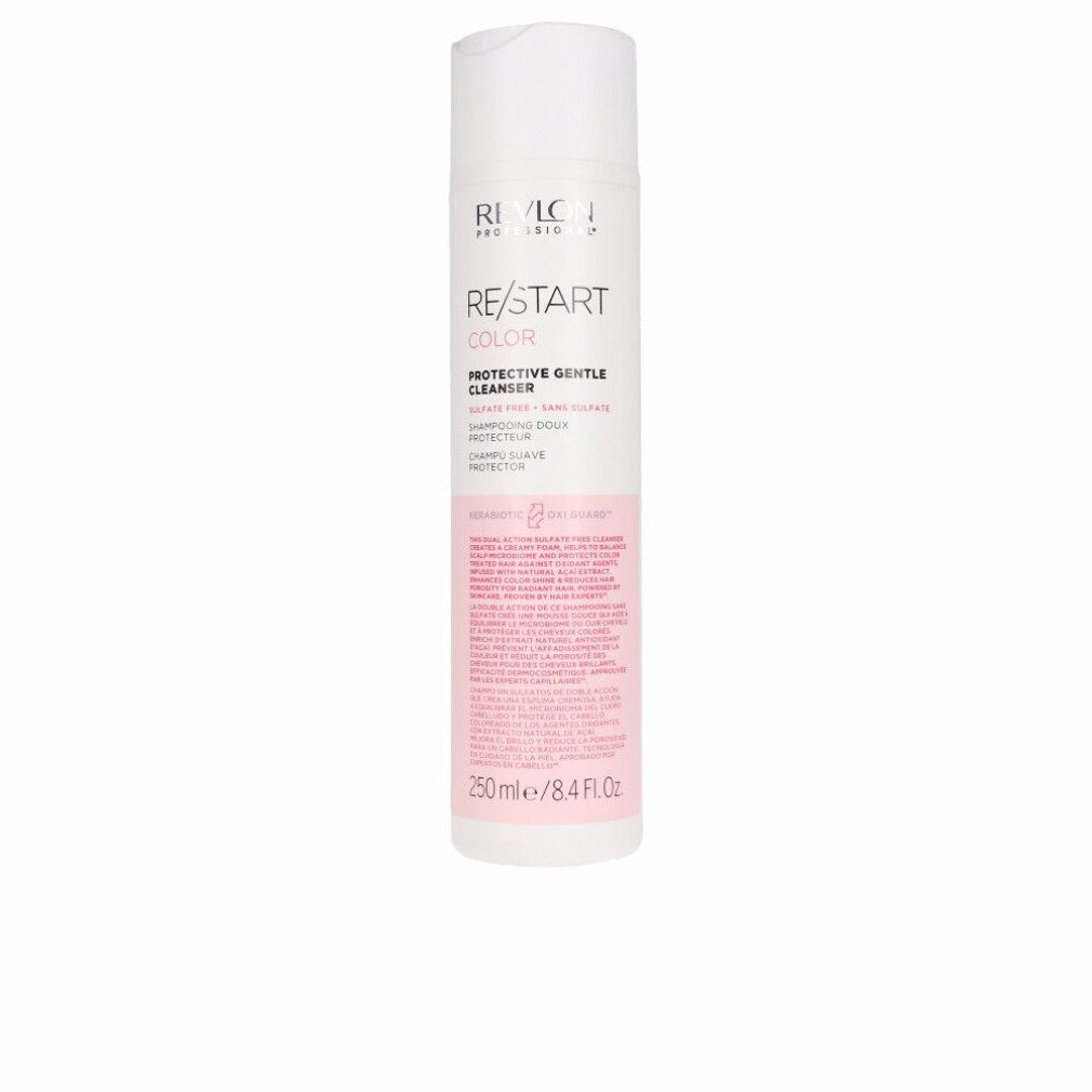 Weiße Flasche mit Revlon Re-Start Color Protective Gentle Cleanser. Rosa Etikett mit Text. 250 ml.