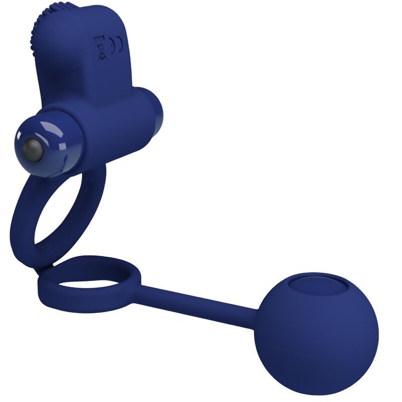 Blauer Vibrationsring mit Ring, Kugel und erhabenen Elementen. Die Kugel hat eine Öffnung. Das Produkt ist aus Silikon.