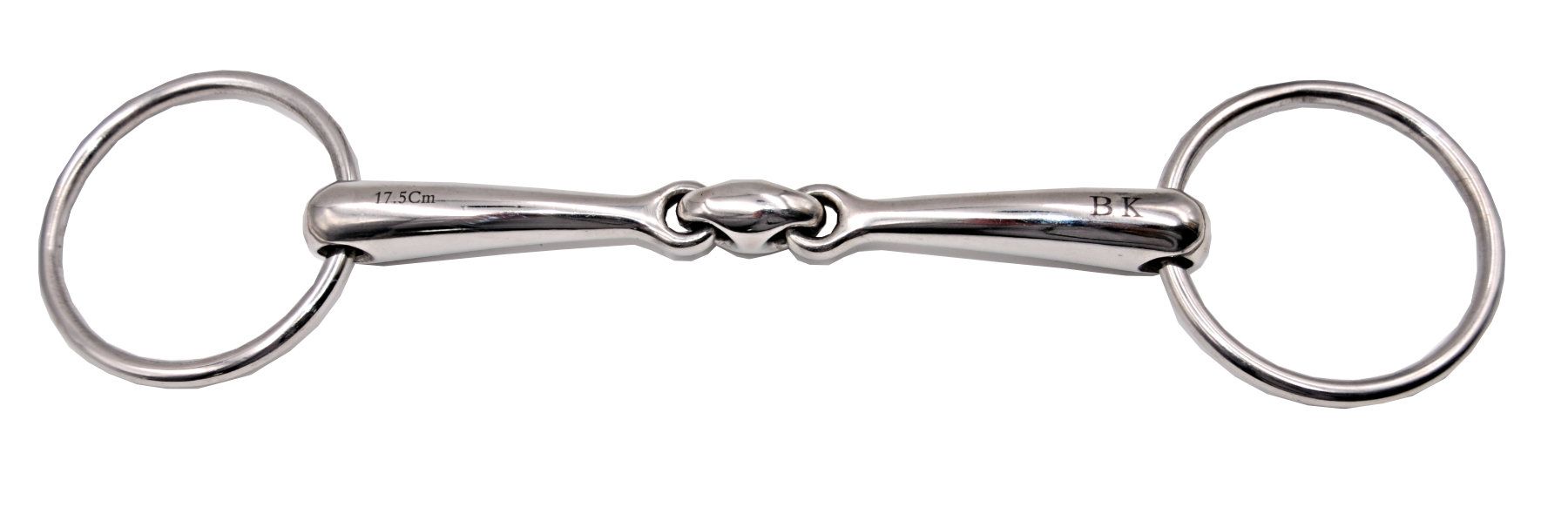 Gebiss mit elliptischem Mittelstück und Ringen. Metall, glänzend.