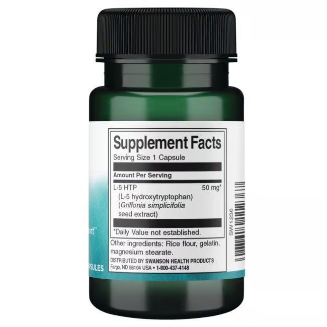 Rückansicht der grünen Flasche. Etikett mit Supplement Facts, 5-HTP, 50 mg. Zutaten: Reismehl, Gelatine, Magnesiumstearat.
