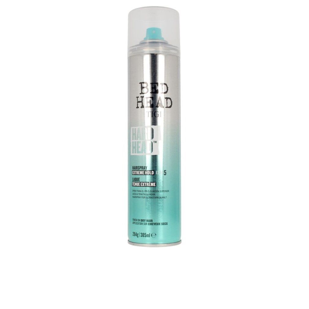 Haarspray-Dose von Tigi Bed Head. Silberne Dose mit türkisfarbenem Boden. Klarer Deckel. Aufschrift: Bed Head, Tigi, Hard Head, Extreme Hold 5.