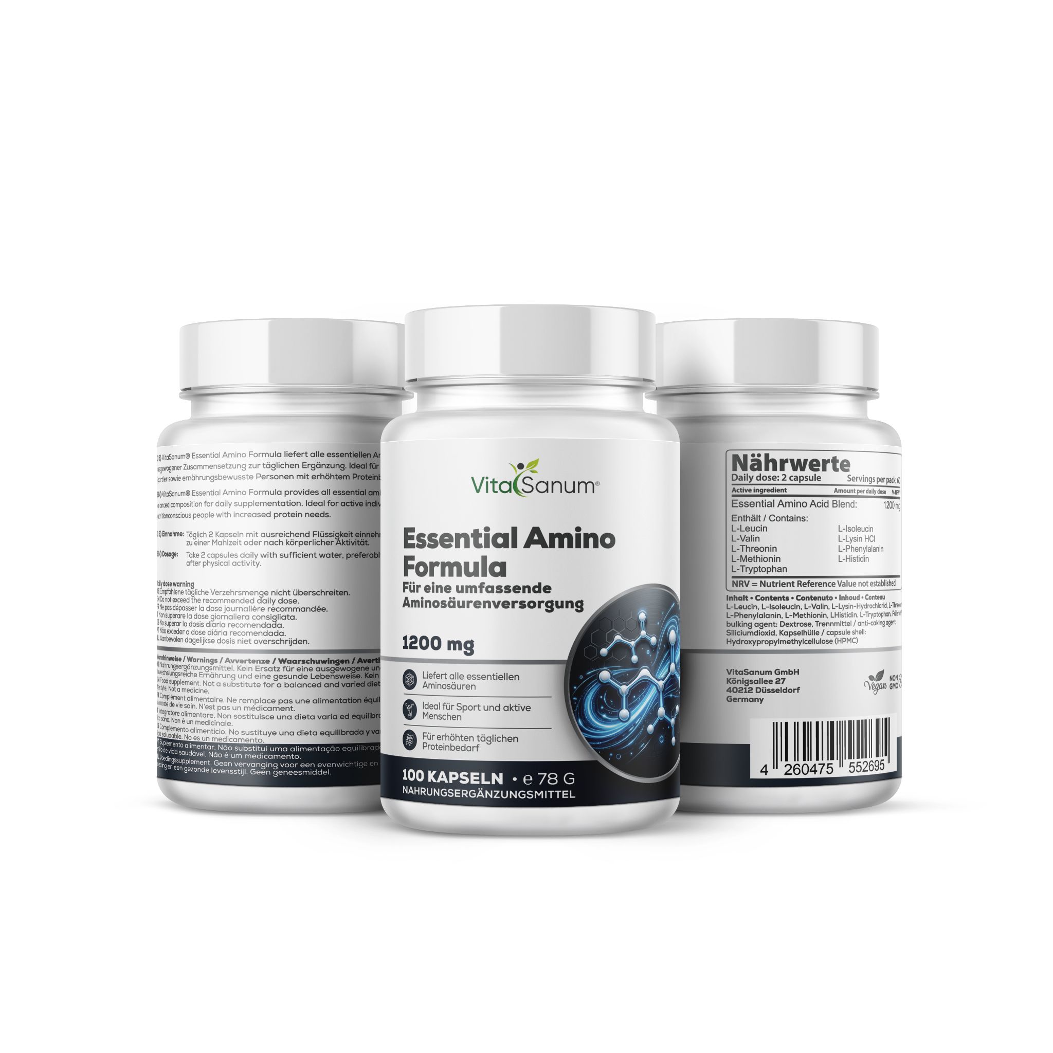 Drei Behälter VitaSanum Essential Amino Formula, einer vorne mit Etikett, zwei hinten mit Rückseitenetiketten.