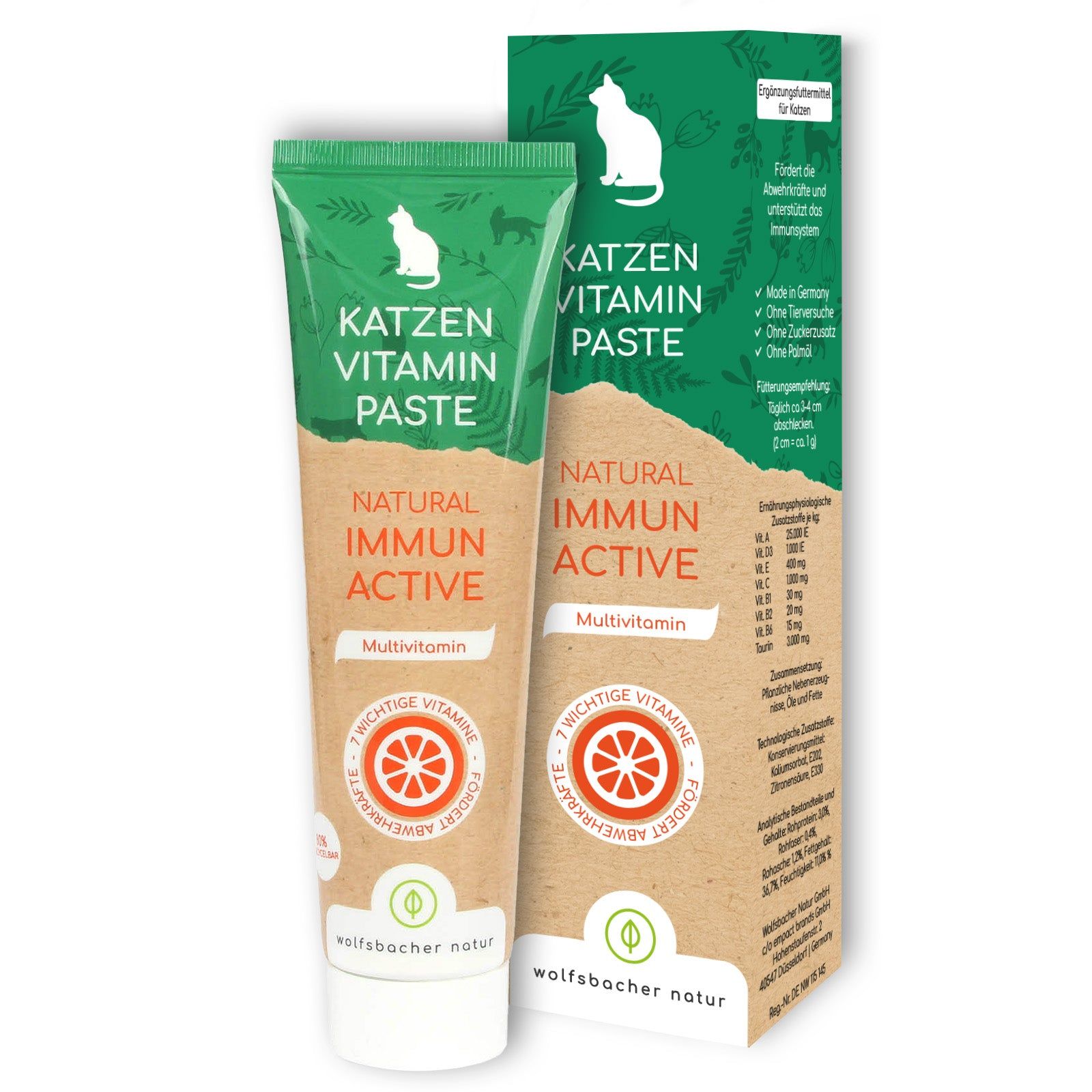 Tube Katzen Vitamin Paste mit Verpackung. Grün-weiße Tube mit Aufschrift. Braune Verpackung mit Produktinformationen.