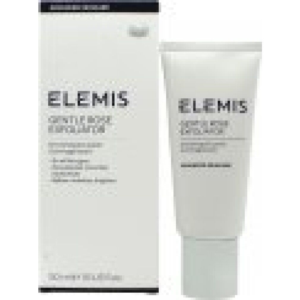 Produktverpackung und Tube. Aufschrift: Elemis, Gentle Rose Exfoliator. Text: Smoothing skin polish, Gommage lissant. 50ml.