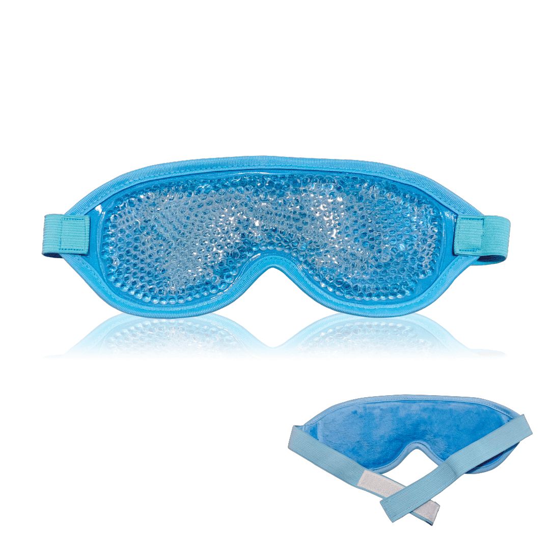 Blaue Augenmaske mit Kühlgel. Verstellbarer Riemen. Zwei Masken abgebildet.