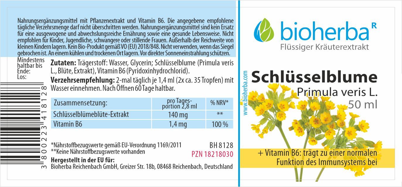 Etikett mit Produktinformationen. Text: Bioherba, Schlüsselblume Primula veris L. 50 ml. Zutaten, Verzehrempfehlung, Zusammensetzung.