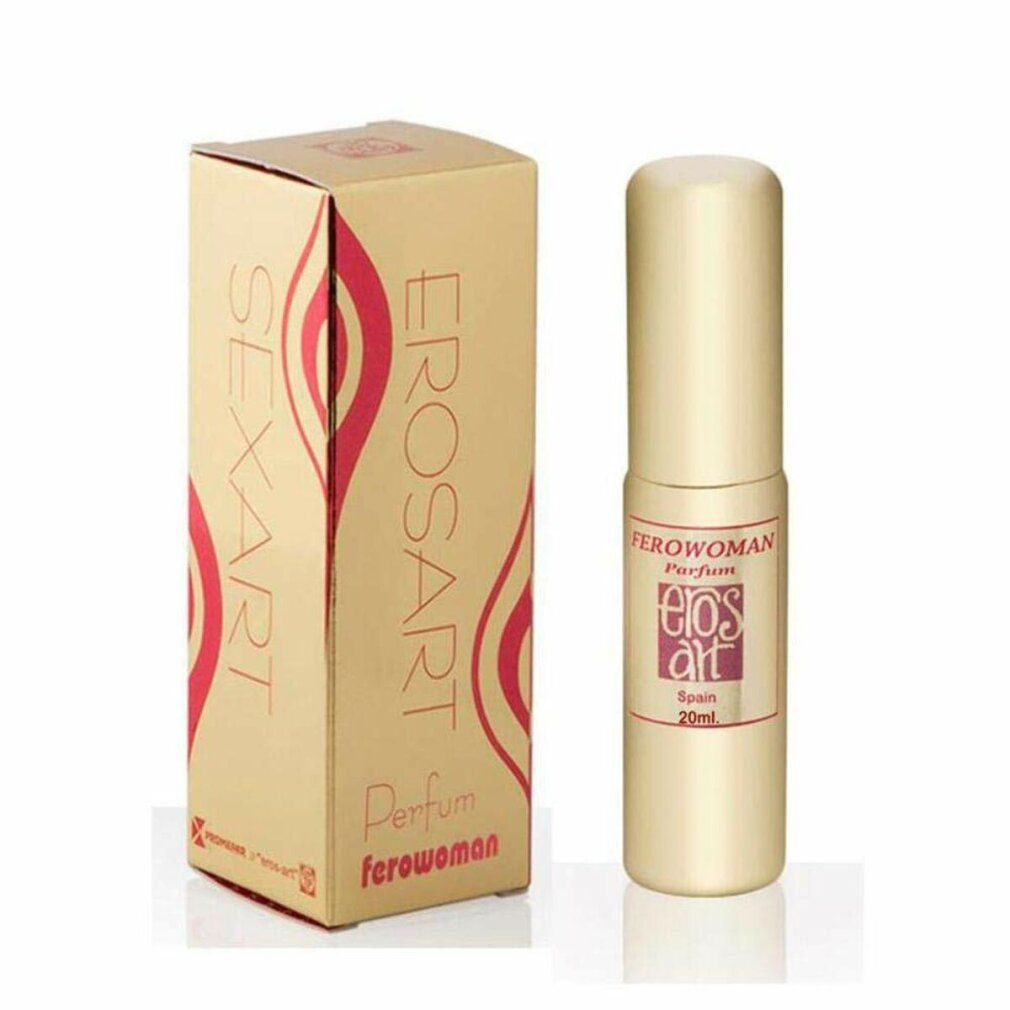Goldfarbene Verpackung und Flakon. Auf der Verpackung steht "SEXART" und "EROSART". Auf dem Flakon steht "Ferowoman Parfum Eros Art Spain".