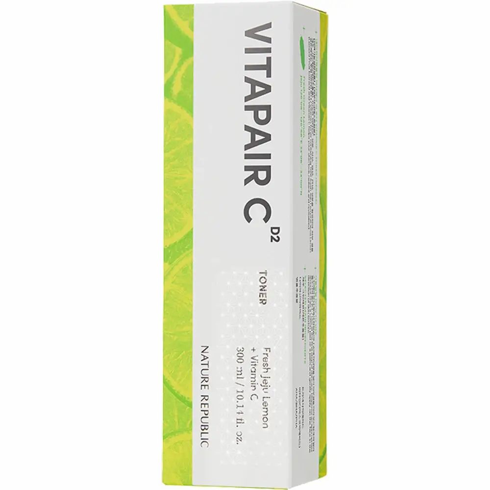 Verpackung von VITAPAIR C Toner. Aufschrift: Fresh Jeju Lemon + Vitamin C. Marke: NATURE REPUBLIC. Grün-weißes Design.