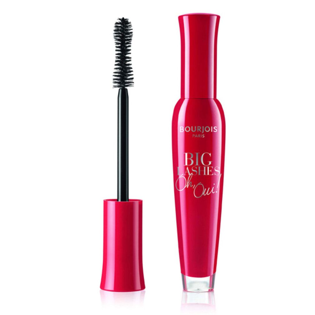 Rote Mascarabürste und -flasche. Aufschrift: Bourjois Paris, Big Lashes Oui. Schwarze Bürste.