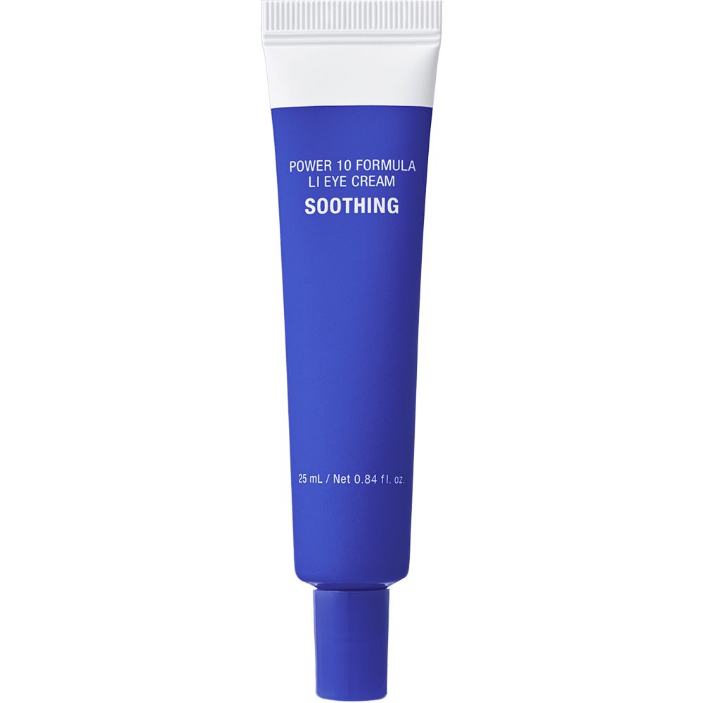 Blaue Tube mit weißem Deckel. Aufschrift: POWER 10 FORMULA LI EYE CREAM SOOTHING. Unten: 25 ml / Net 0.84 fl. oz.