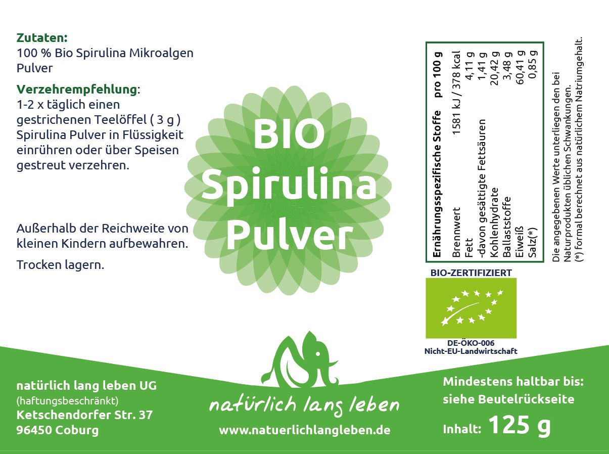 Etikett mit Informationen zu BIO Spirulina Pulver. Enthält Nährwertangaben, Inhaltsstoffe und Bio-Zertifizierung.