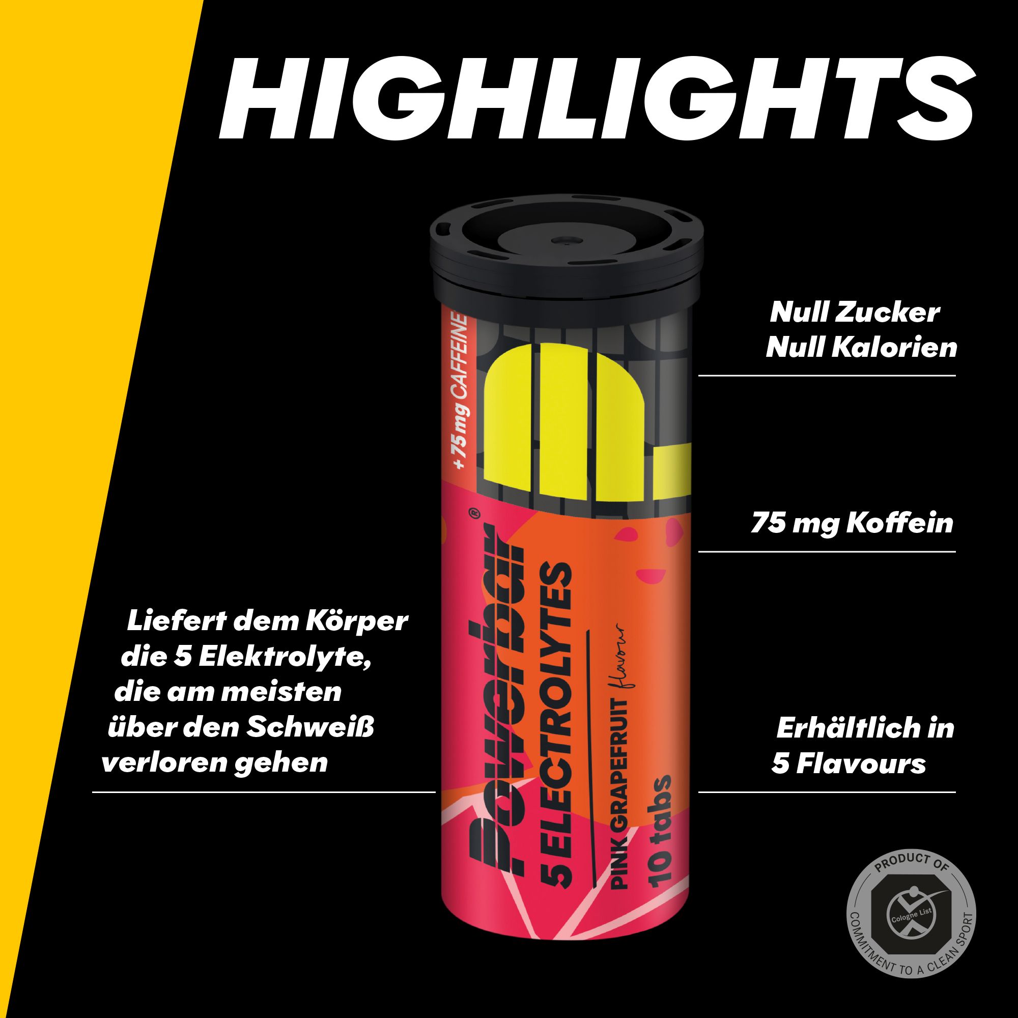 Dose Powerbar 5 Electrolytes Pink Grapefruit. Schwarzer Deckel, rosa-orangefarbener Hintergrund, gelbes Logo. Text: Null Zucker, Null Kalorien, 75mg Koffein.