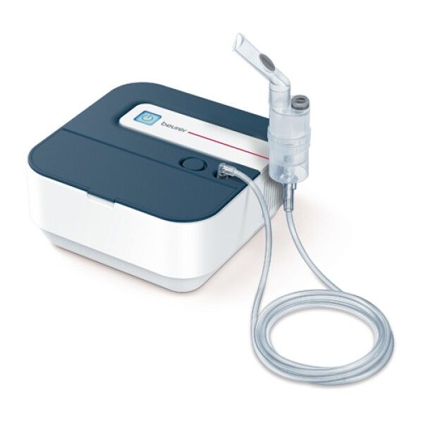 Inhalator mit Kompressor. Weiß-blaues Gehäuse mit Zubehör: Vernebler, Schlauch und Mundstück. Marke: beurer.