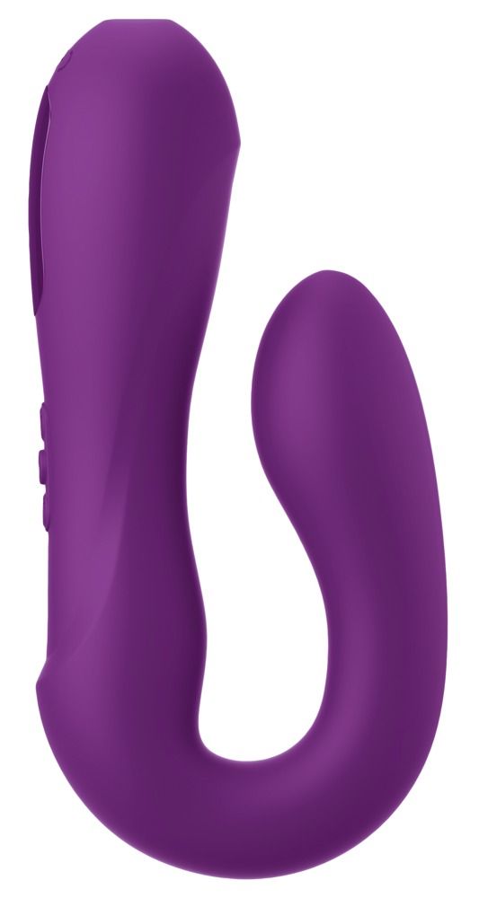 Lila Massagegerät mit gebogener Form. Zwei Enden, ein längeres, ein kürzeres. Knöpfe sichtbar.