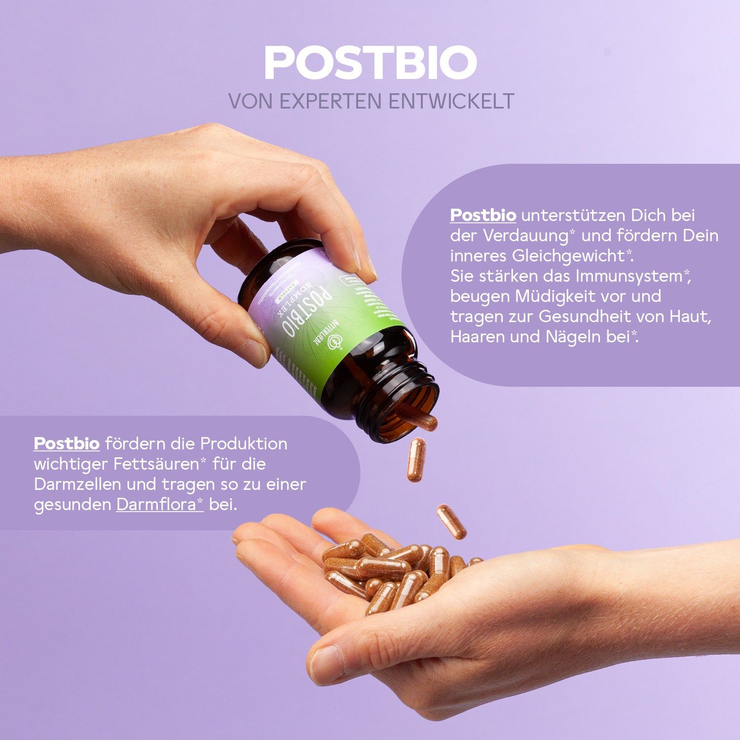Hände halten Flasche "BitterLiebe Postbio" und Kapseln. Text: Postbio unterstützt Verdauung, Immunsystem, Gesundheit von Haut, Haaren, Nägeln.