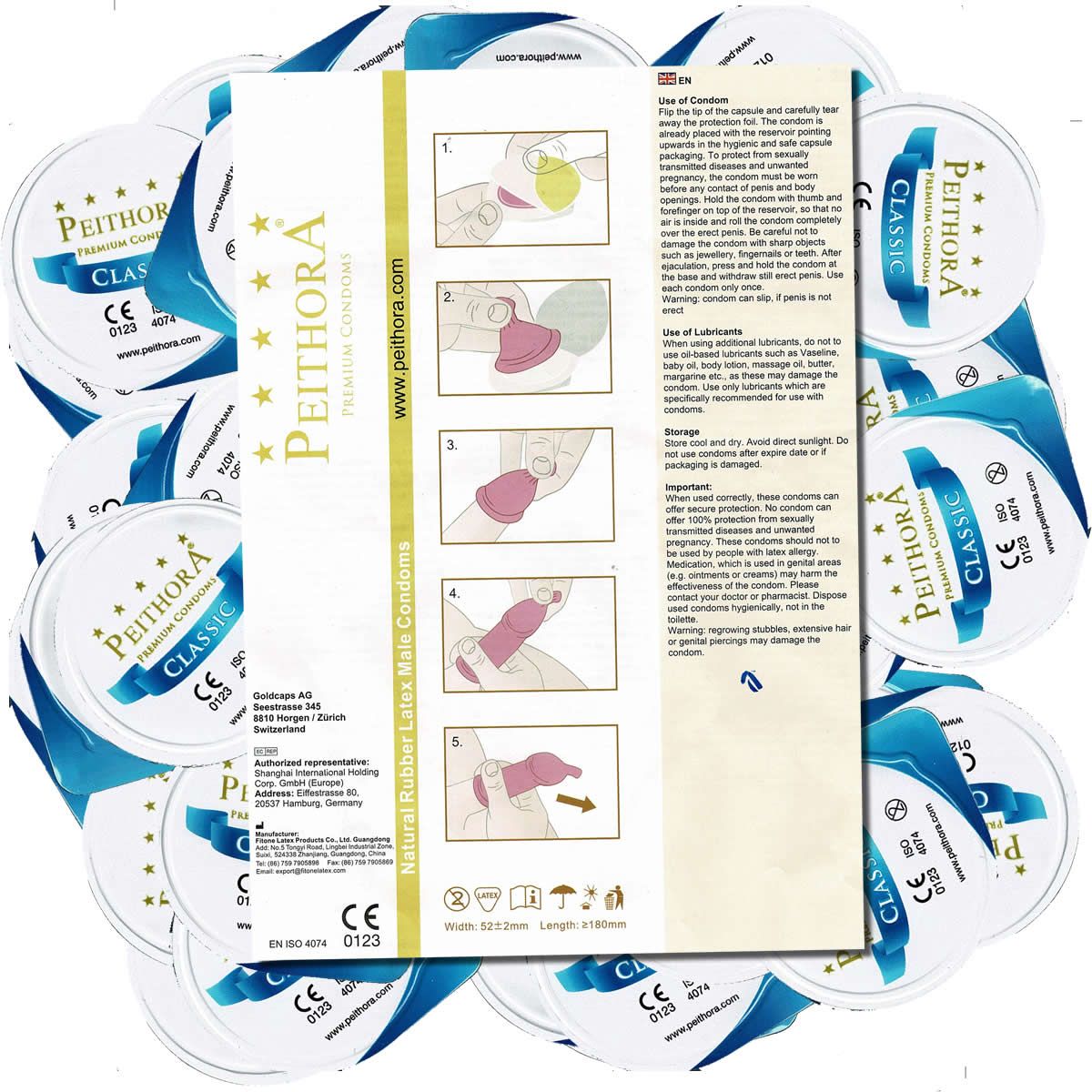 Runde Verpackungen und eine Broschüre. Aufdruck: Peithora Classic, CE-Kennzeichnung. Broschüre zeigt Anwendung.